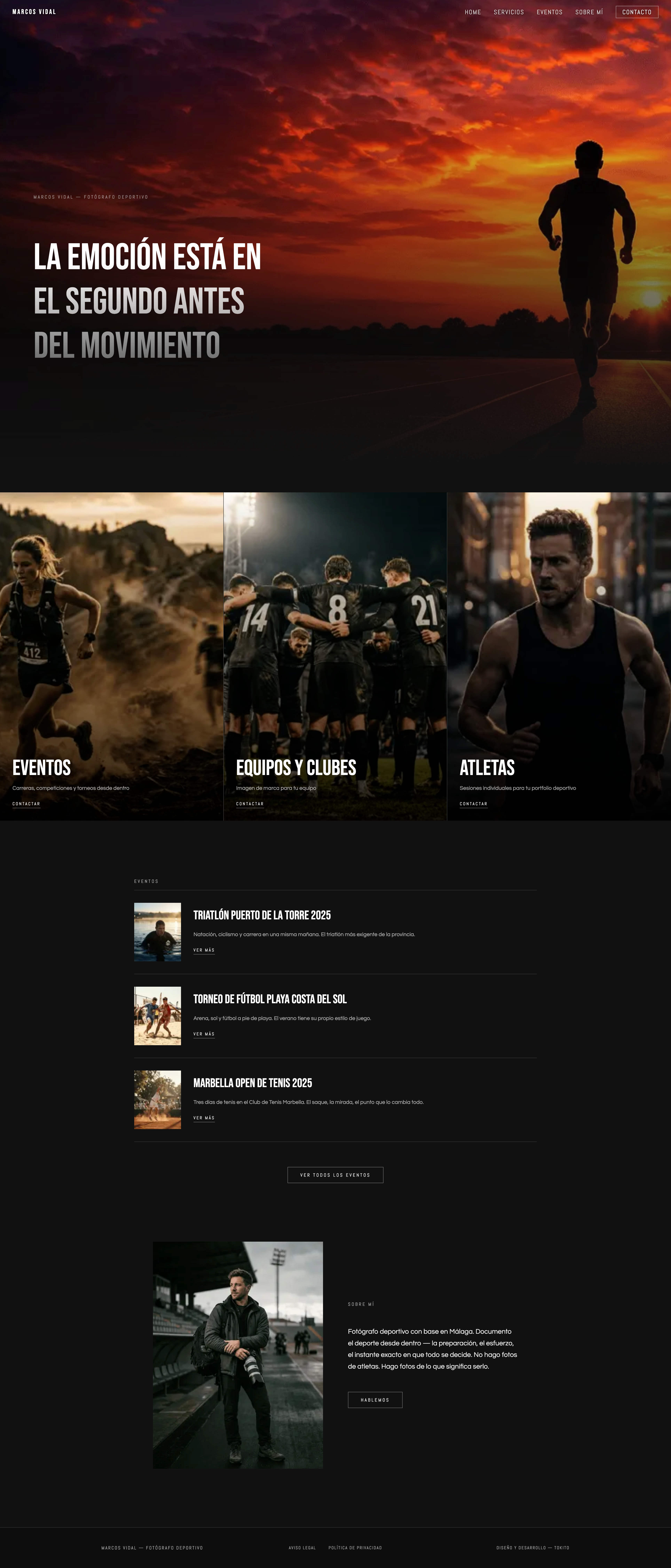 Web de Marcos Vidal cubre eventos deportivos, equipos y clubes y reportajes fortográficos para atletas en España. Necesitaba un portfolio que estuviera a la altura de sus imágenes: rápido, inmersivo y sin distracciones.