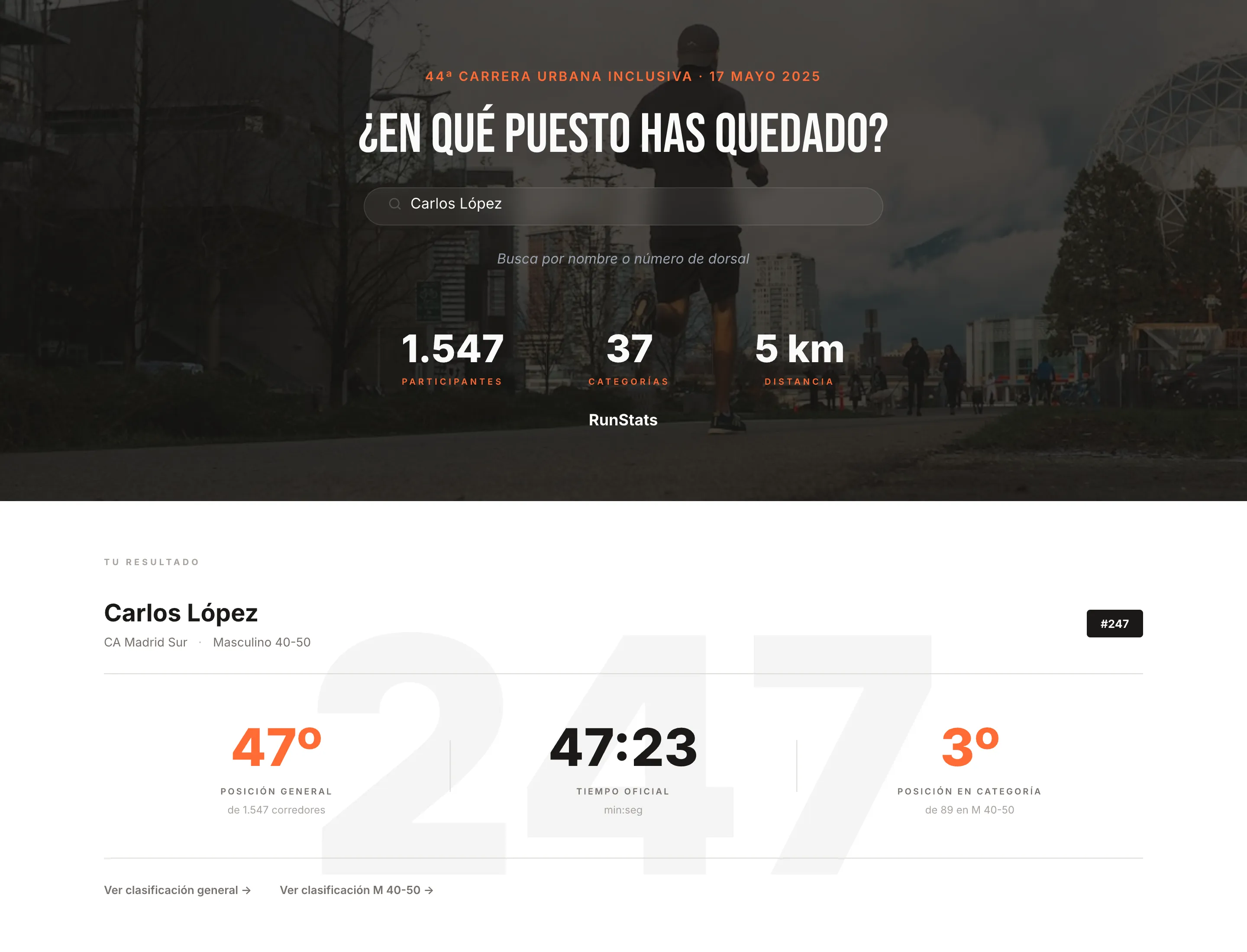 Pantalla 2 · Resultado — nombre del corredor con dorsal ghosted y stats
